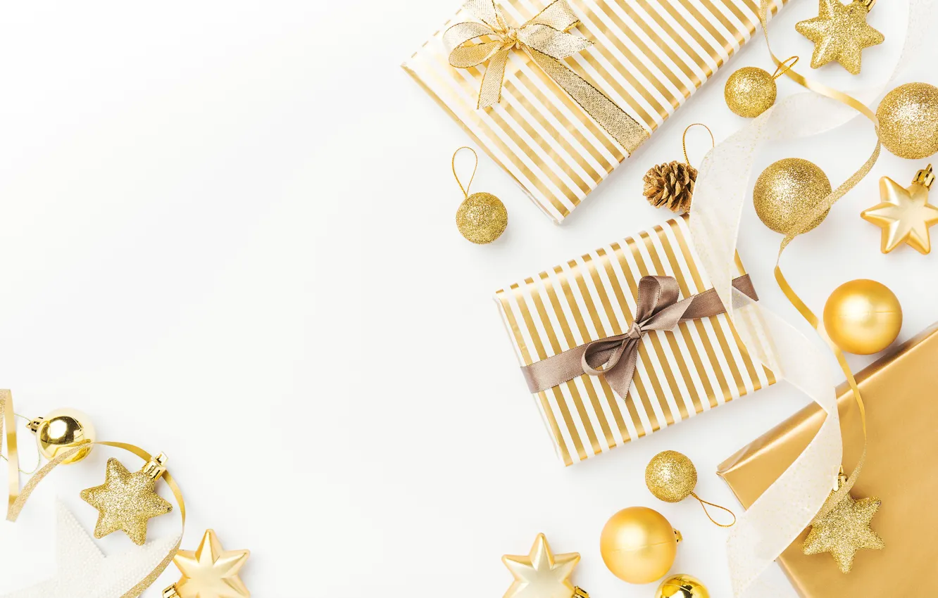Фото обои украшения, шары, Новый Год, Рождество, подарки, golden, Christmas, balls