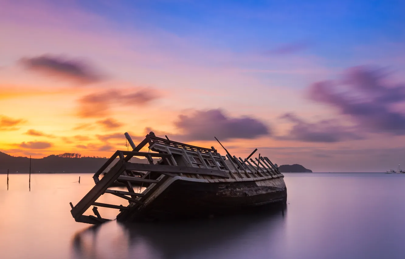 Фото обои море, пляж, небо, закат, берег, корабль, beach, sea
