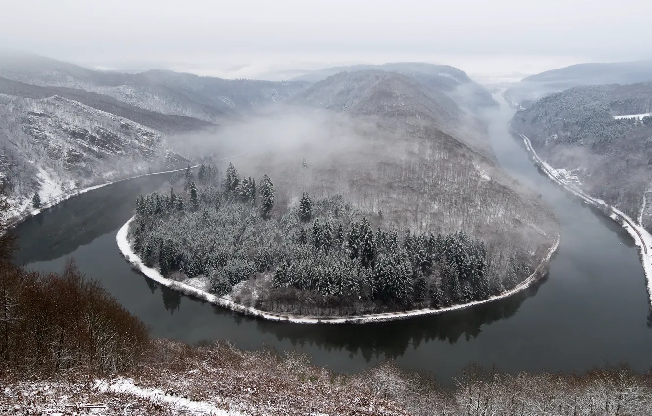 Фото обои зима, туман, река