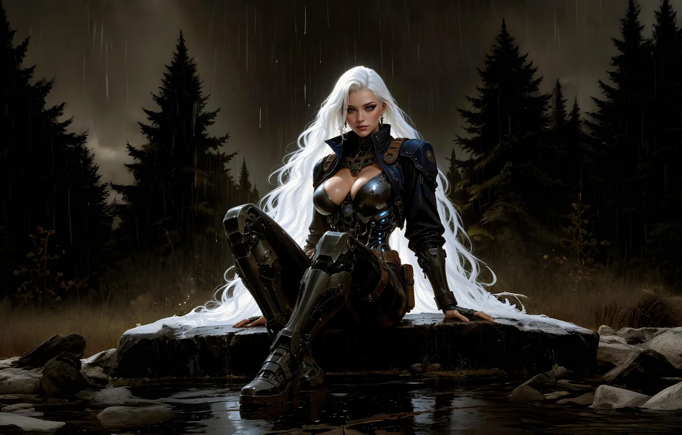 Фото обои girl, forest, armor, night, blonde, ai art