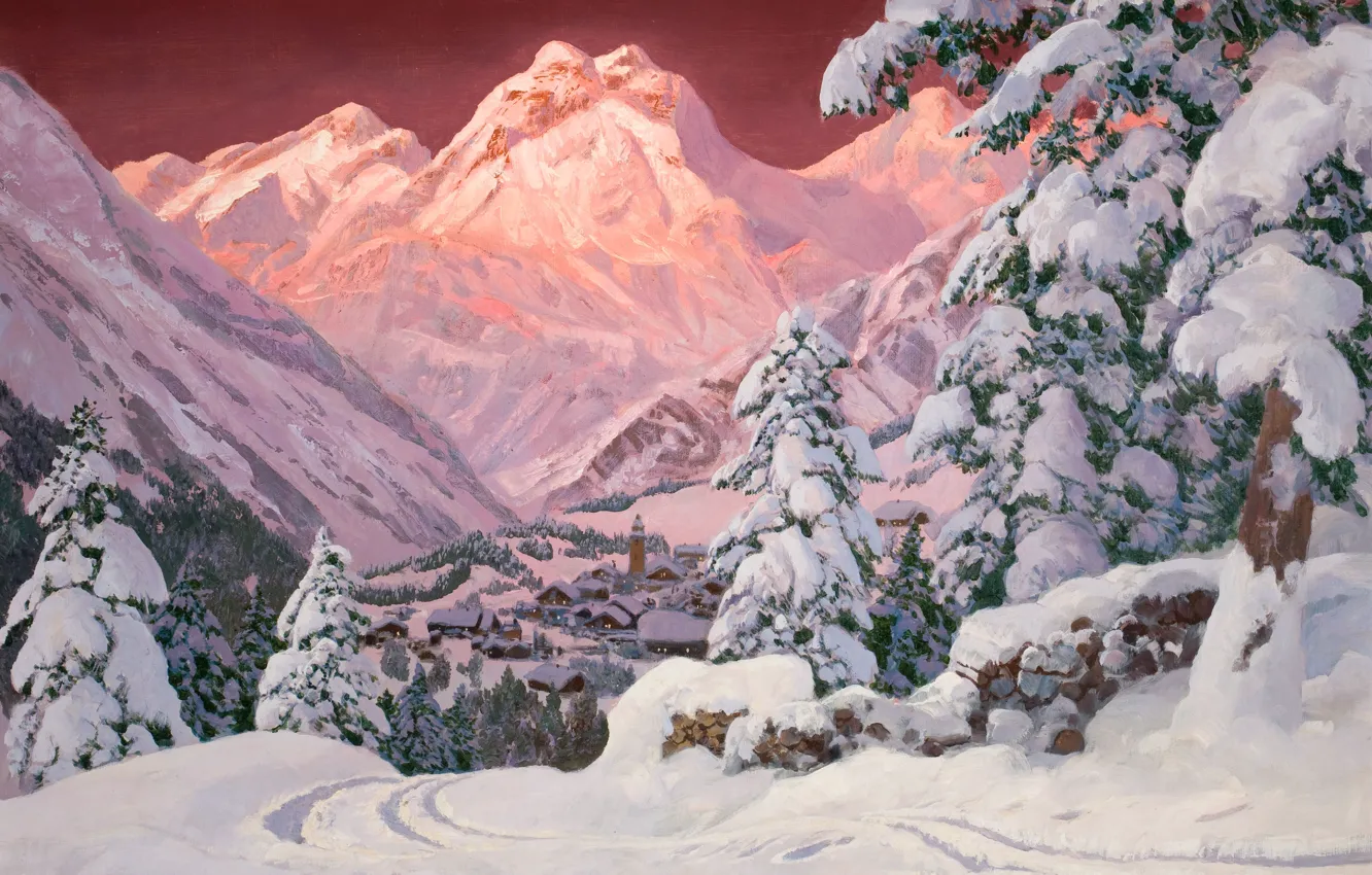 Фото обои снег, закат, горы, розовый, елка, Альпы, домики, Alois Arnegger. Зима