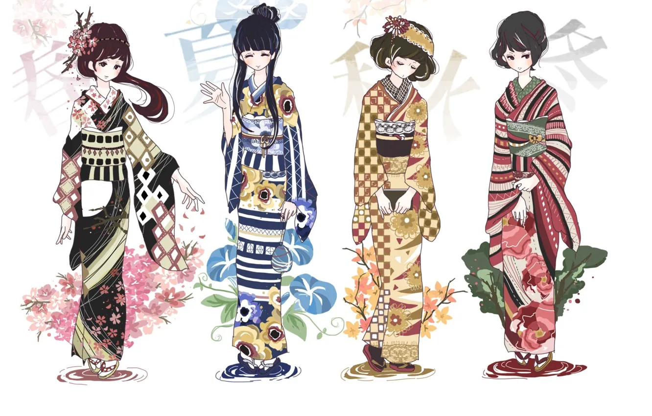 Фото обои времена года, девочки, аниме, арт, кимоно
