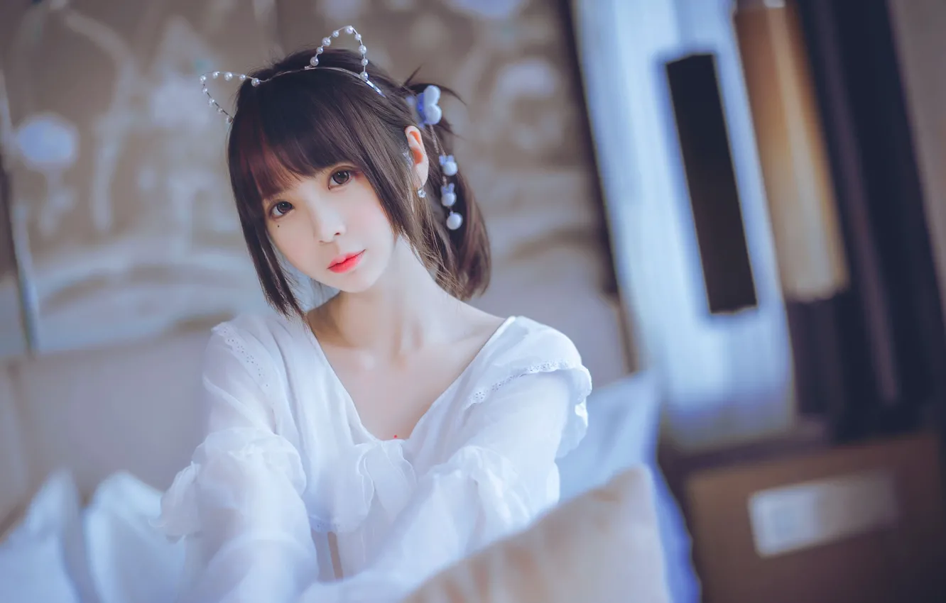 Фото обои девушка, украшения, портрет, азиатка, карие глаза