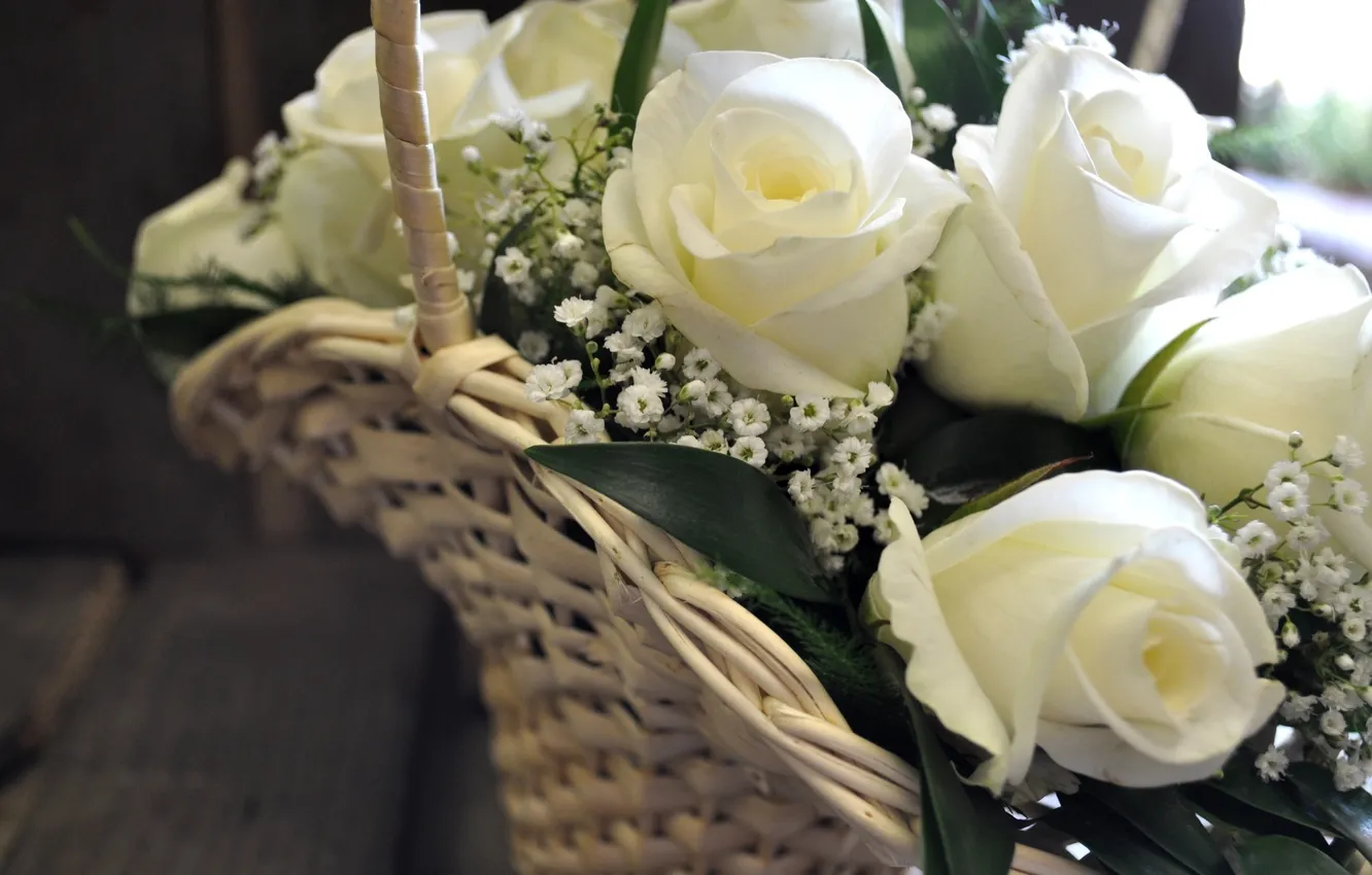 Фото обои розы, букет, белые, корзинка