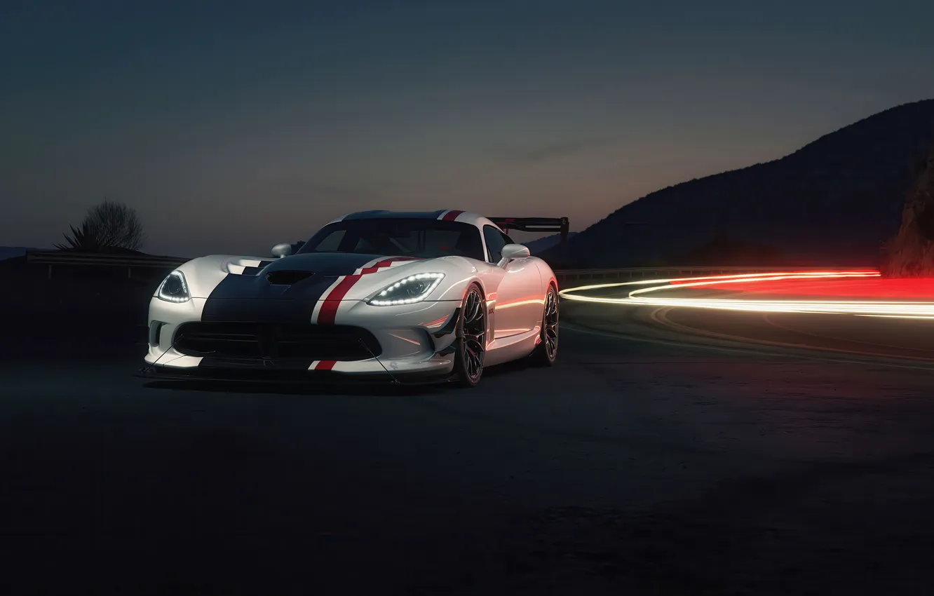 Фото обои car, Dodge, road, Dodge Viper, night, long exposure, American cars, white cars