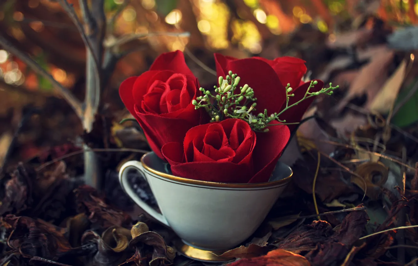 Фото обои листья, ветки, розы, кружка, искусственные цветы