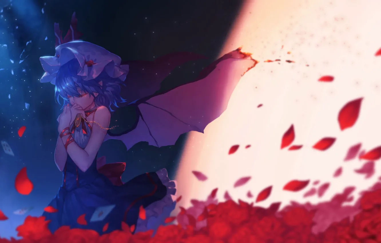 Фото обои осколки, одиночество, слезы, боль, вампирша, черные крылья, Touhou Project, Remilia Scarlet