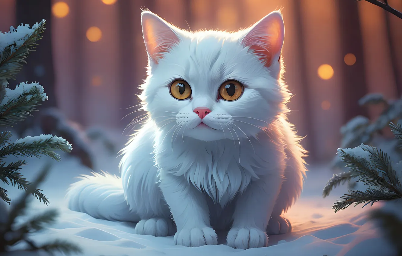 Фото обои зима, кошка, белый, кот, взгляд, снег, ветки, природа