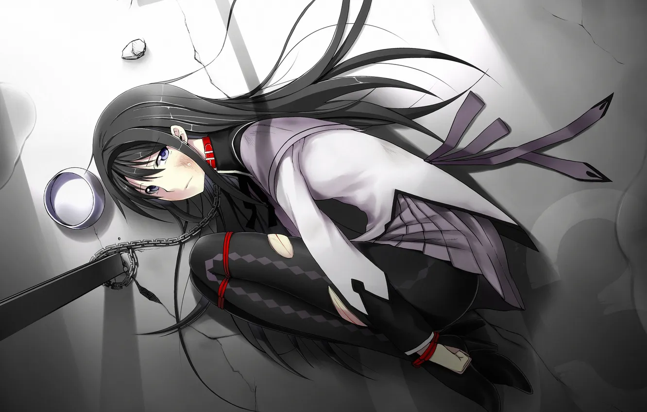 Фото обои девушка, аниме, веревка, арт, цепь, царапины, ошейник, mahou shoujo madoka magica