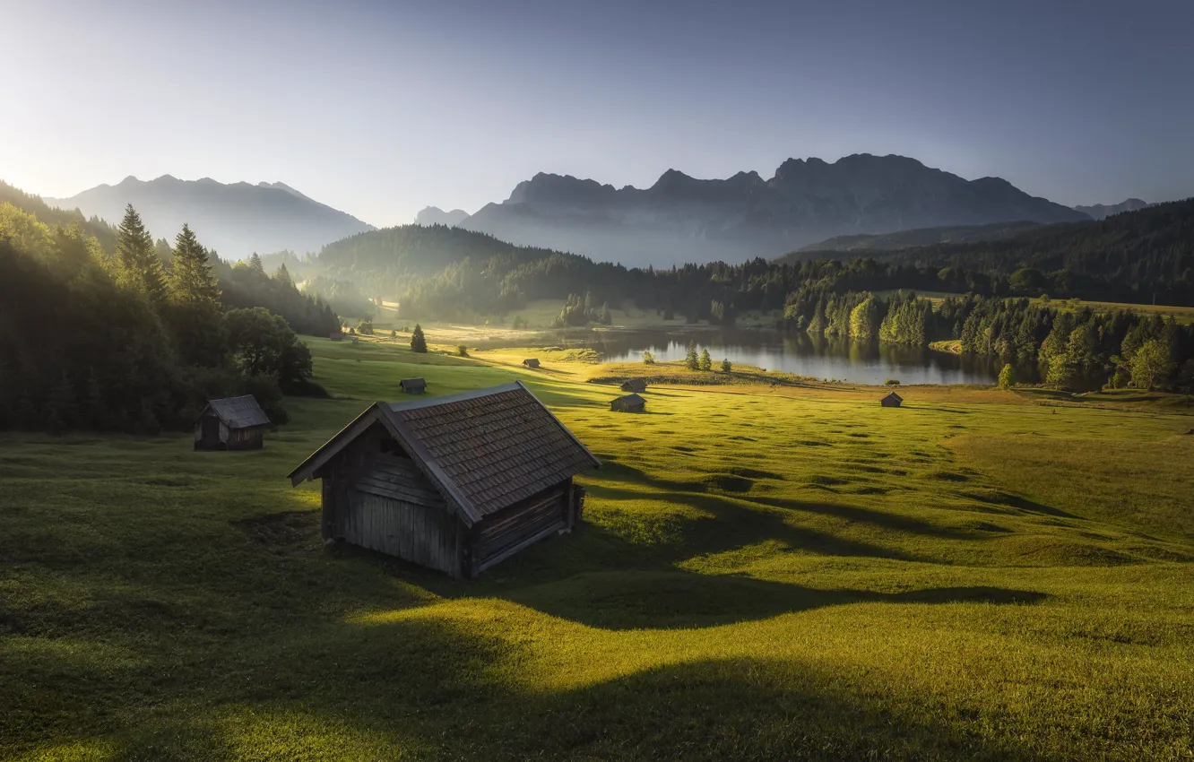 Фото обои горы, утро, домики, Bavarian Alps