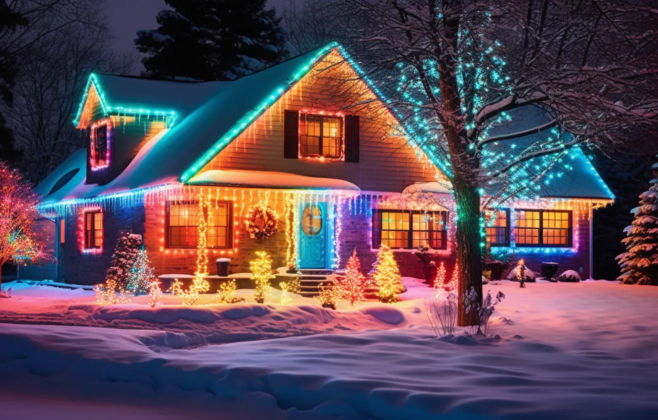 Фото обои снег, украшения, ночь, lights, дом, елка, colorful, Рождество