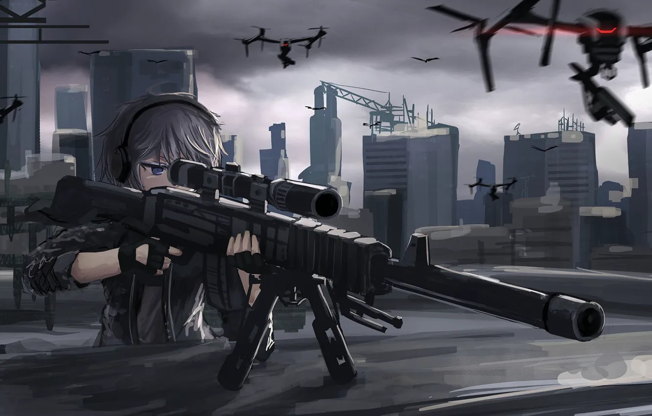 Фото обои girl, gun, weapon, anime, sniper, asian, japanese, drone