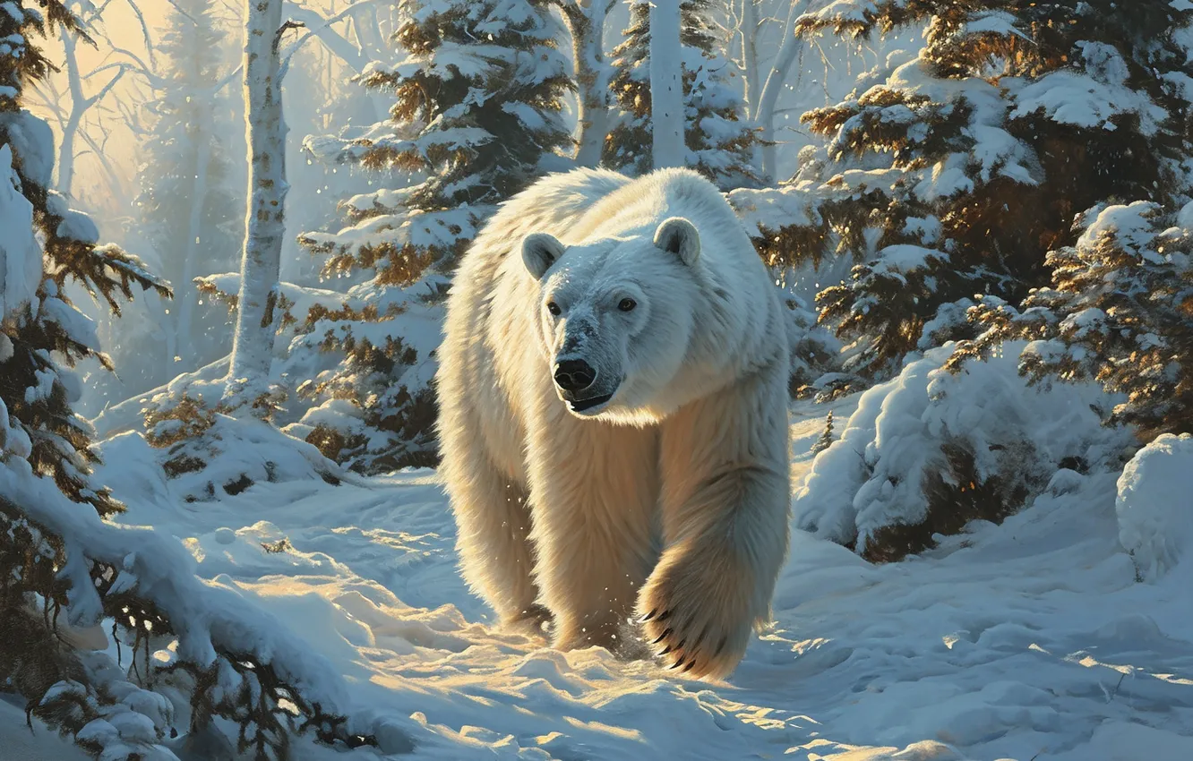 Фото обои зима, иней, лес, взгляд, морда, свет, снег, деревья