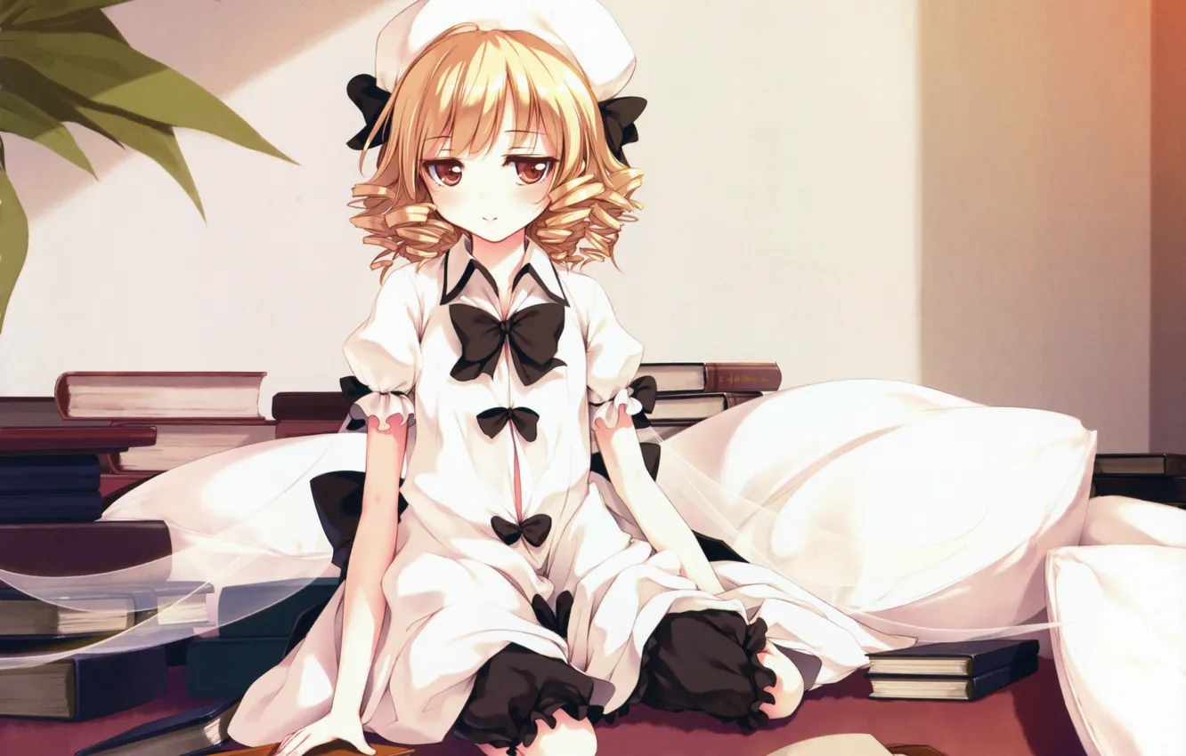 Фото обои книги, шляпа, подушки, бант, крылышки, кудри, touhou, art