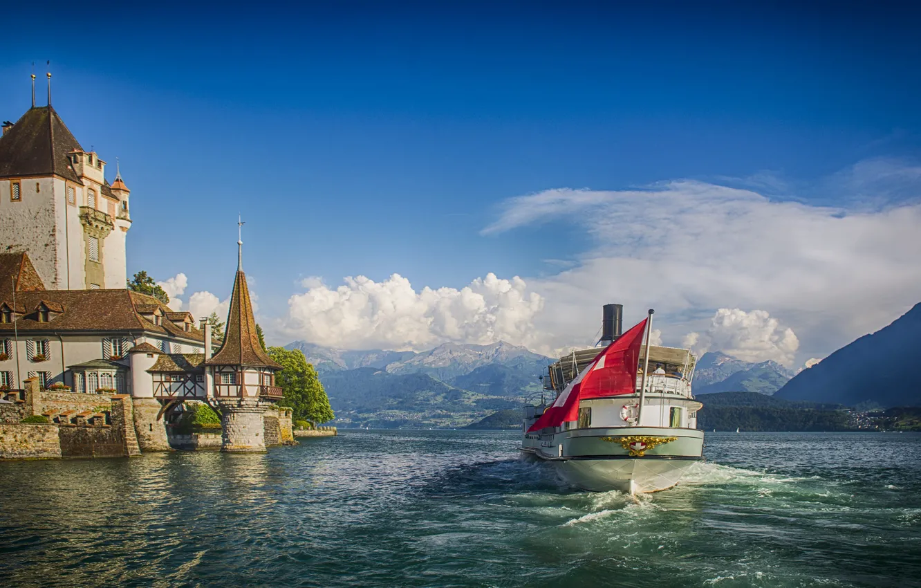 Фото обои облака, пейзаж, горы, природа, Швейцария, катер, Замок Оберхофен, Тунское озеро