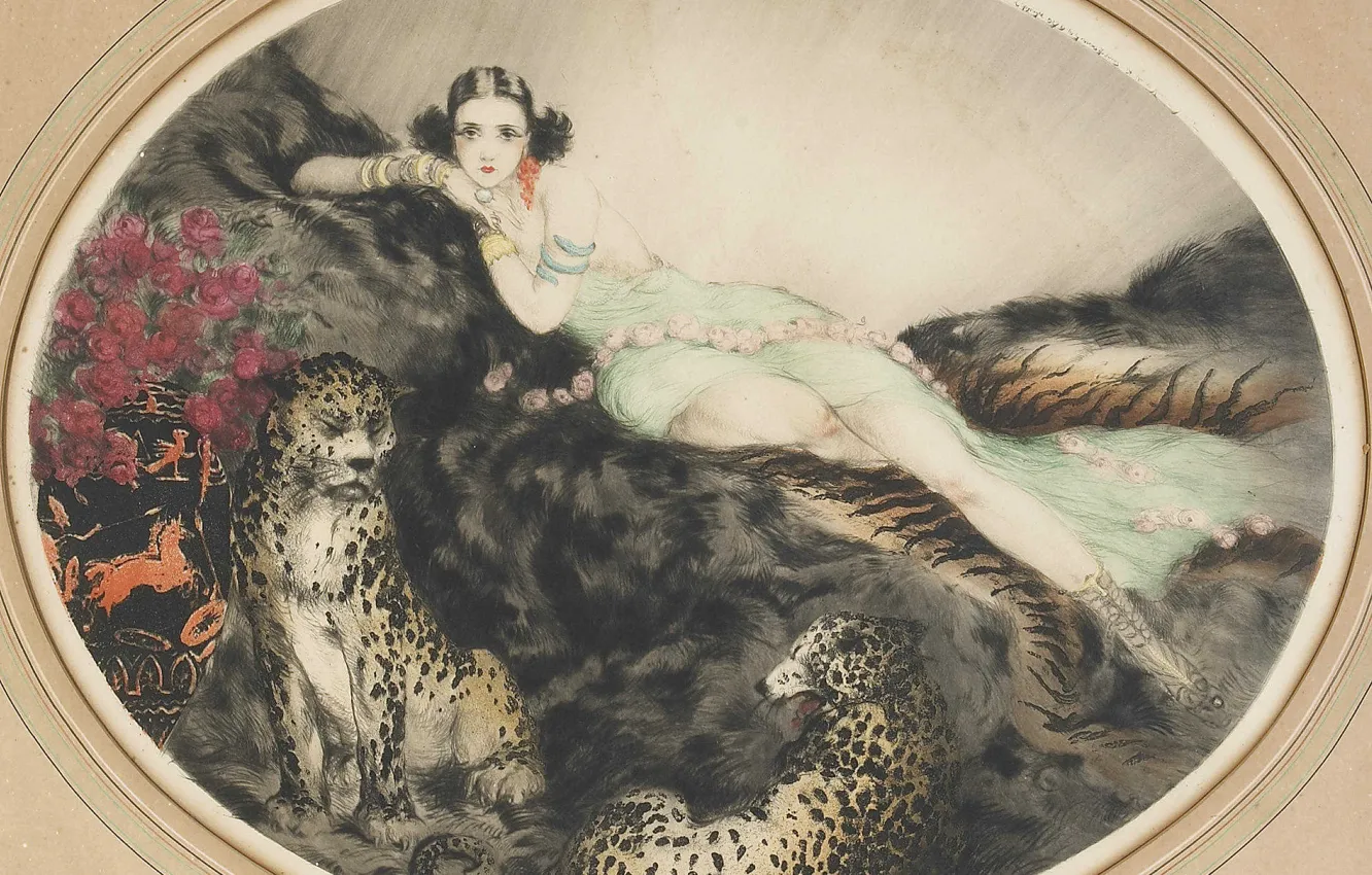 Фото обои кошки, розы, 1927, Таис, Louis Icart, фарфоровые вазы