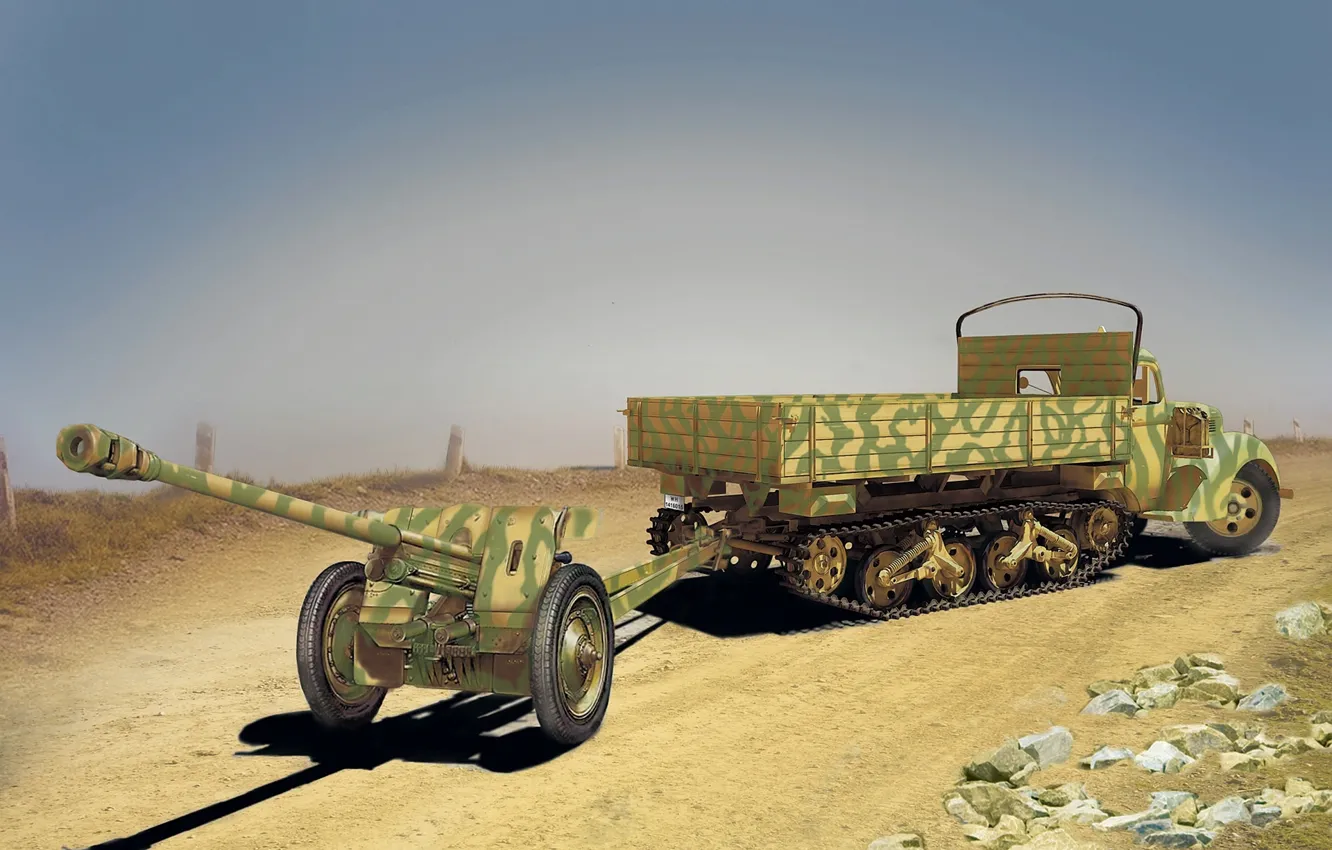 Фото обои война, рисунок, Ford, грузовик, пушка, WW2, противотанковая, Maultier
