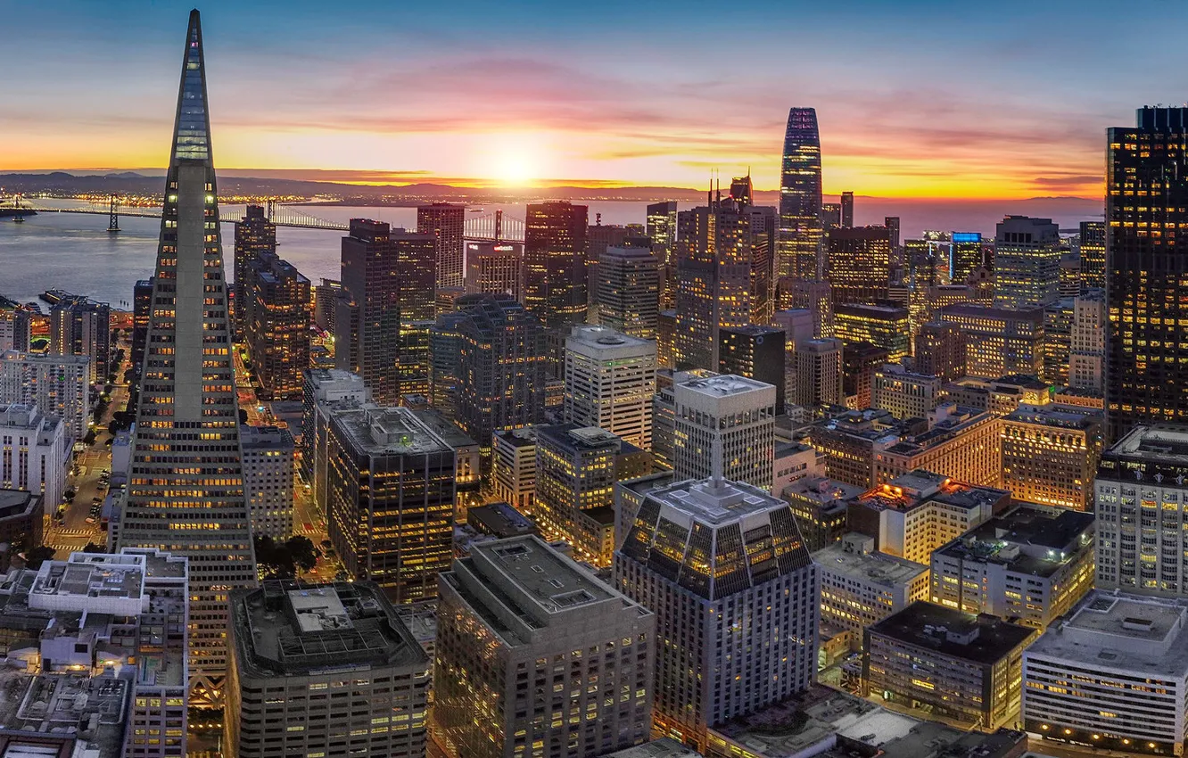 Фото обои закат, здания, дома, Калифорния, панорама, залив, Сан-Франциско, небоскрёбы