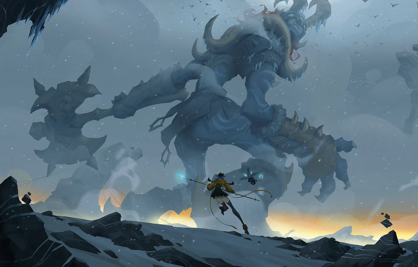 Фото обои fantasy, horns, weapon, snow, birds, digital art, artwork, giant