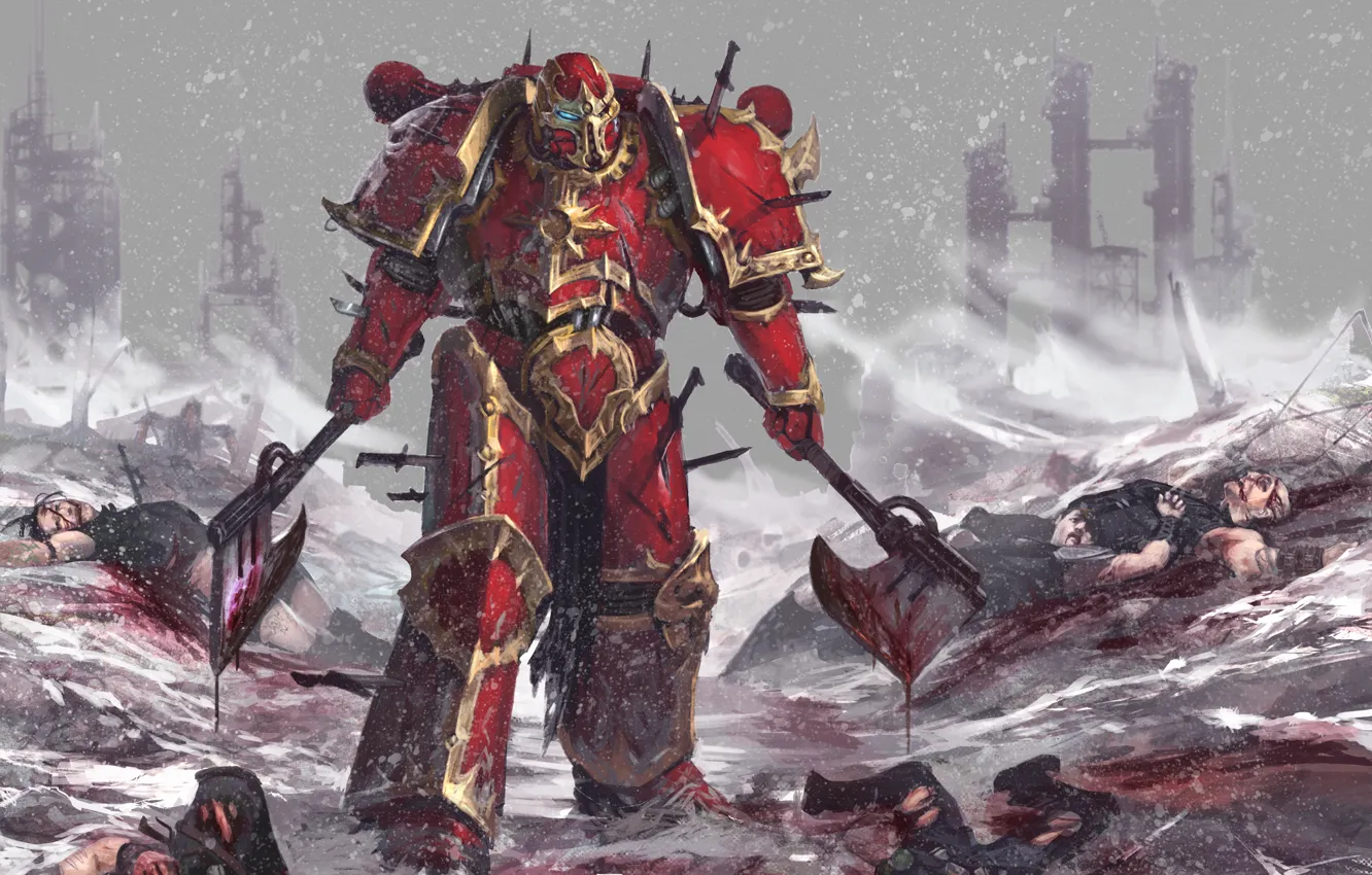 Фото обои снег, оружие, воин, руины, Warhammer, трупы, силовая броня