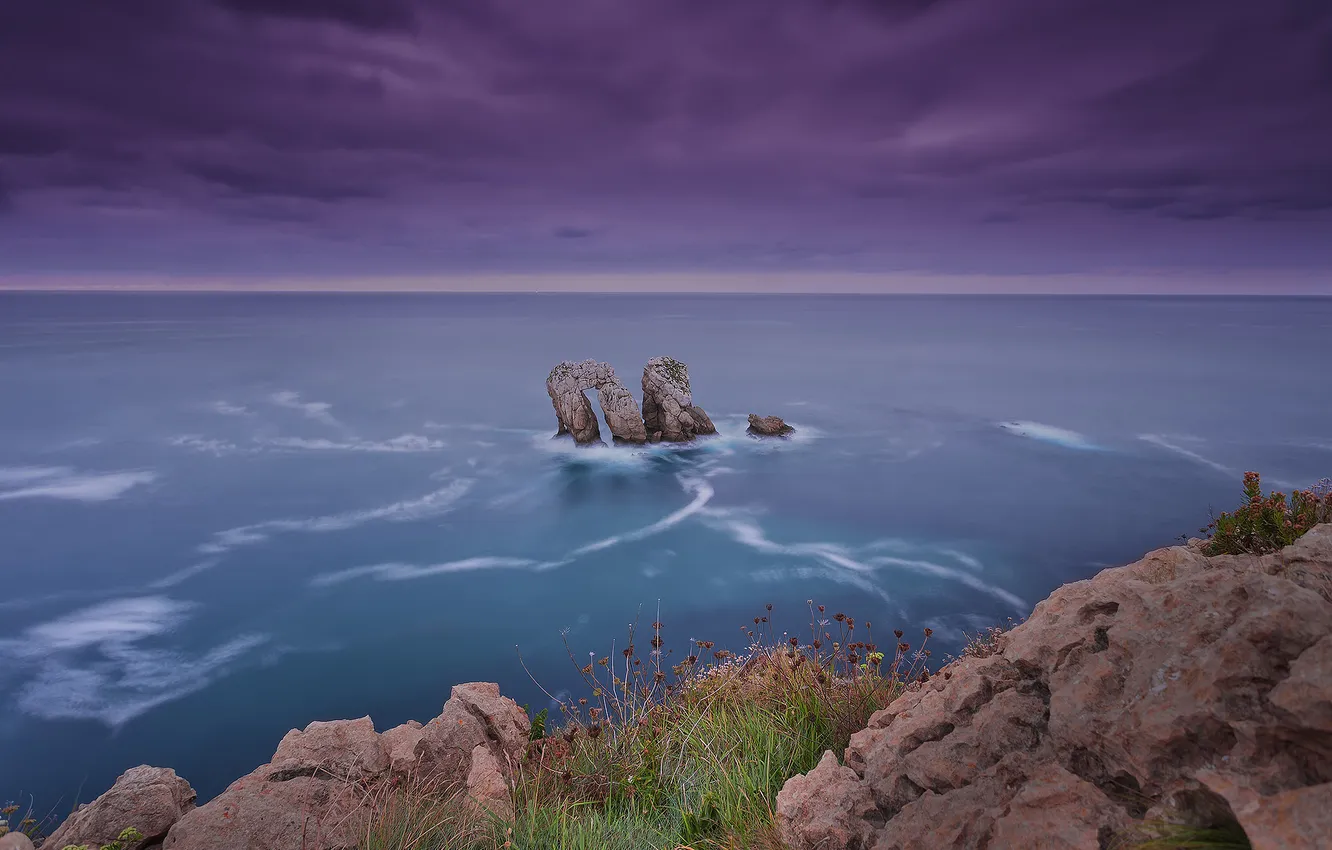 Фото обои море, небо, скалы, выдержка, арка, провинция, Кантабрия, северная Испания