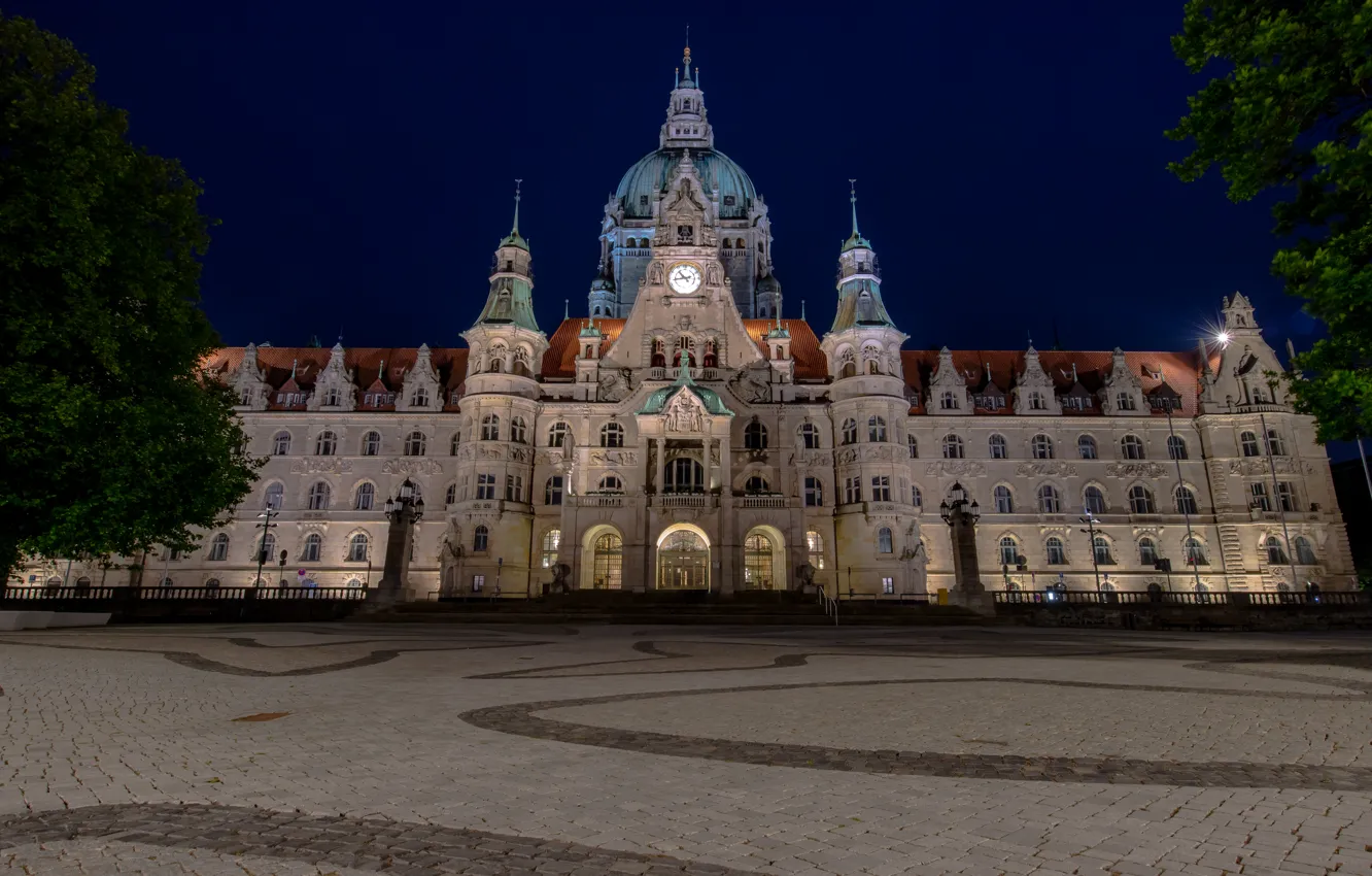 Фото обои ночь, Германия, площадь, дворец, ратуша, Hannover, Neues Rathaus