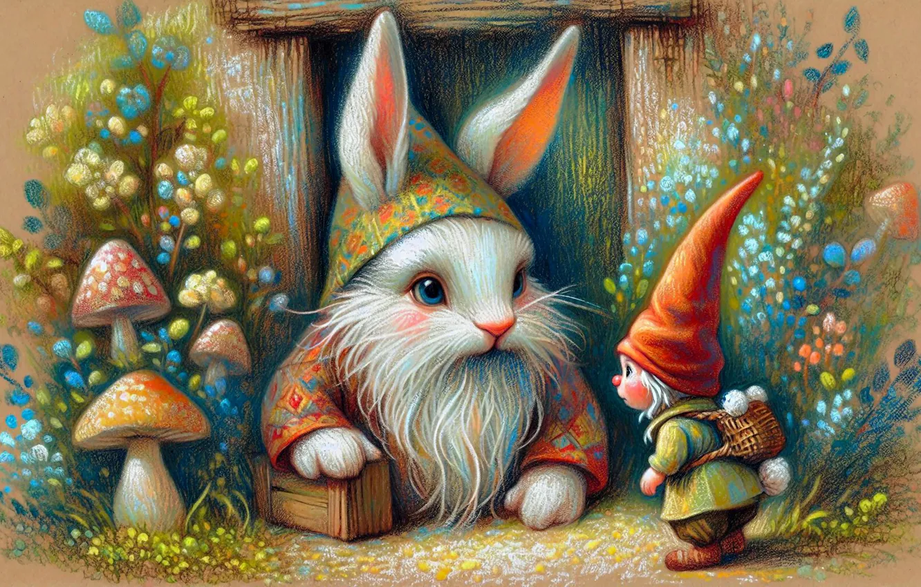 Фото обои грибы, заяц, сказка, дверь, мухоморы, корзинка, зайчик, гном