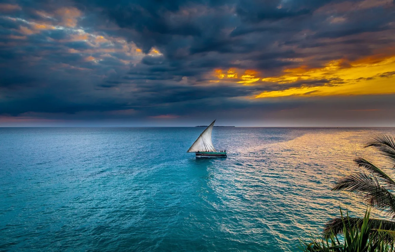 Фото обои sea, sunset, sailboat