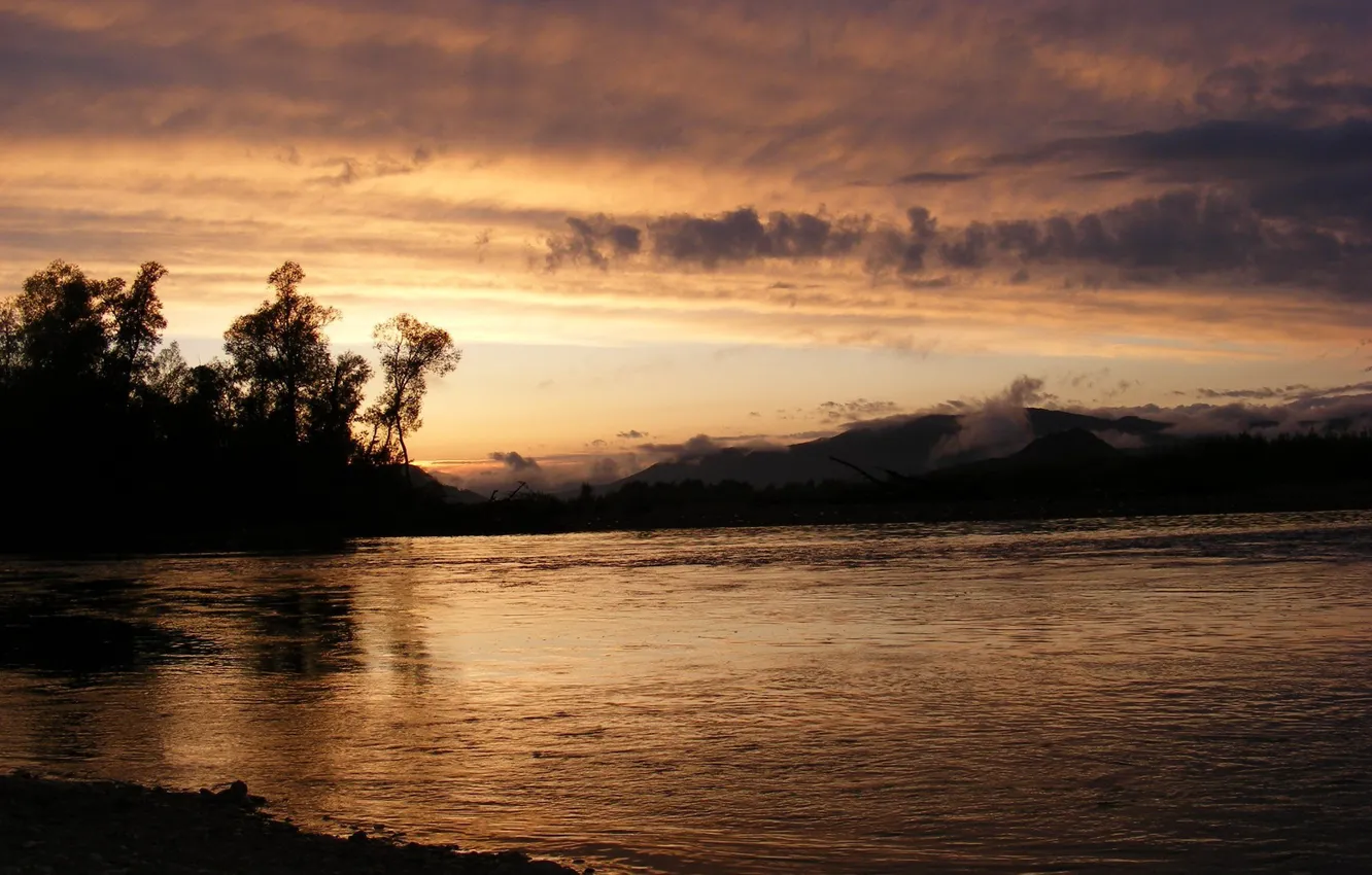 Фото обои закат, природа, река, берег