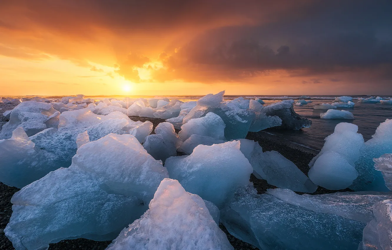 Фото обои закат, природа, лёд