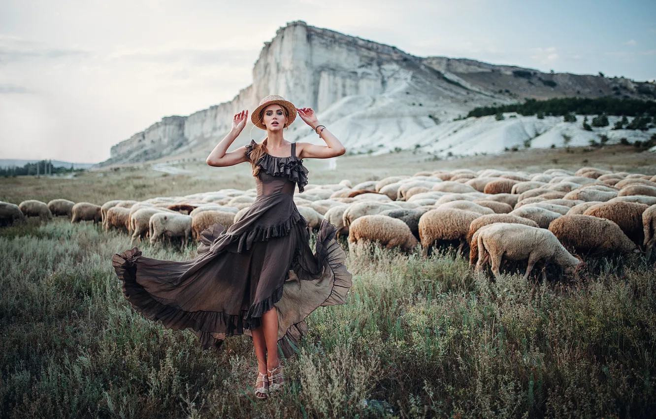 Фото обои девушка, поза, скалы, овцы, платье, пастбище, шляпка, Евгений Фрейер