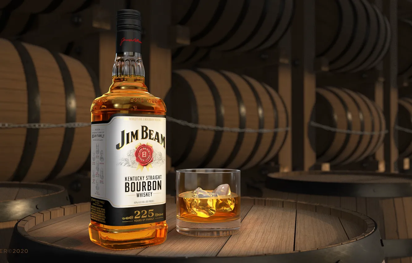 Фото обои лед, стакан, бутылка, бочки, хранилище, бурбон и виски, Jim Beam Bourbon Sample, Jim Beam® bourbons …