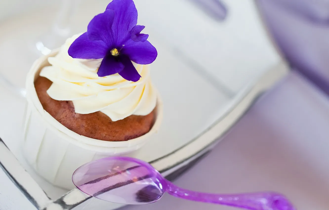 Фото обои цветок, фиолетовый, ложка, пирожное, крем, десерт, сладкое, поднос