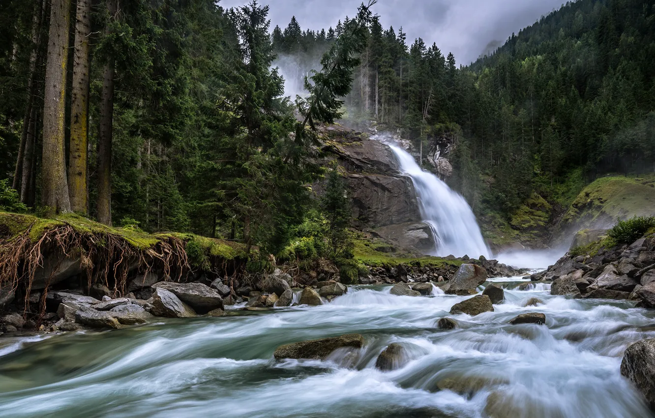 Фото обои лес, деревья, река, водопад, Австрия, Austria, Krimml Waterfalls, Река Кримлер-Ахе