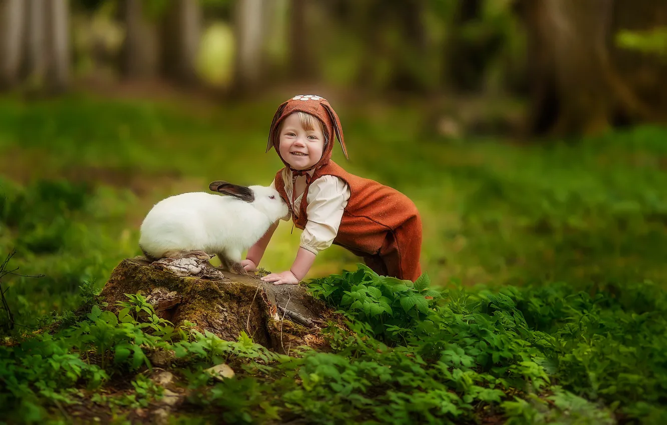 Фото обои зелень, трава, улыбка, пень, мальчик, кролик, малыш, друзья