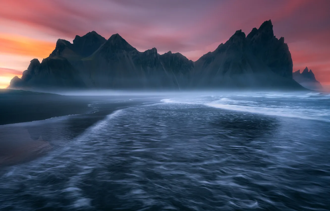 Фото обои Природа, Красота, Nature, Sunset, Iceland, Twilight, Scenic, Stokksnes