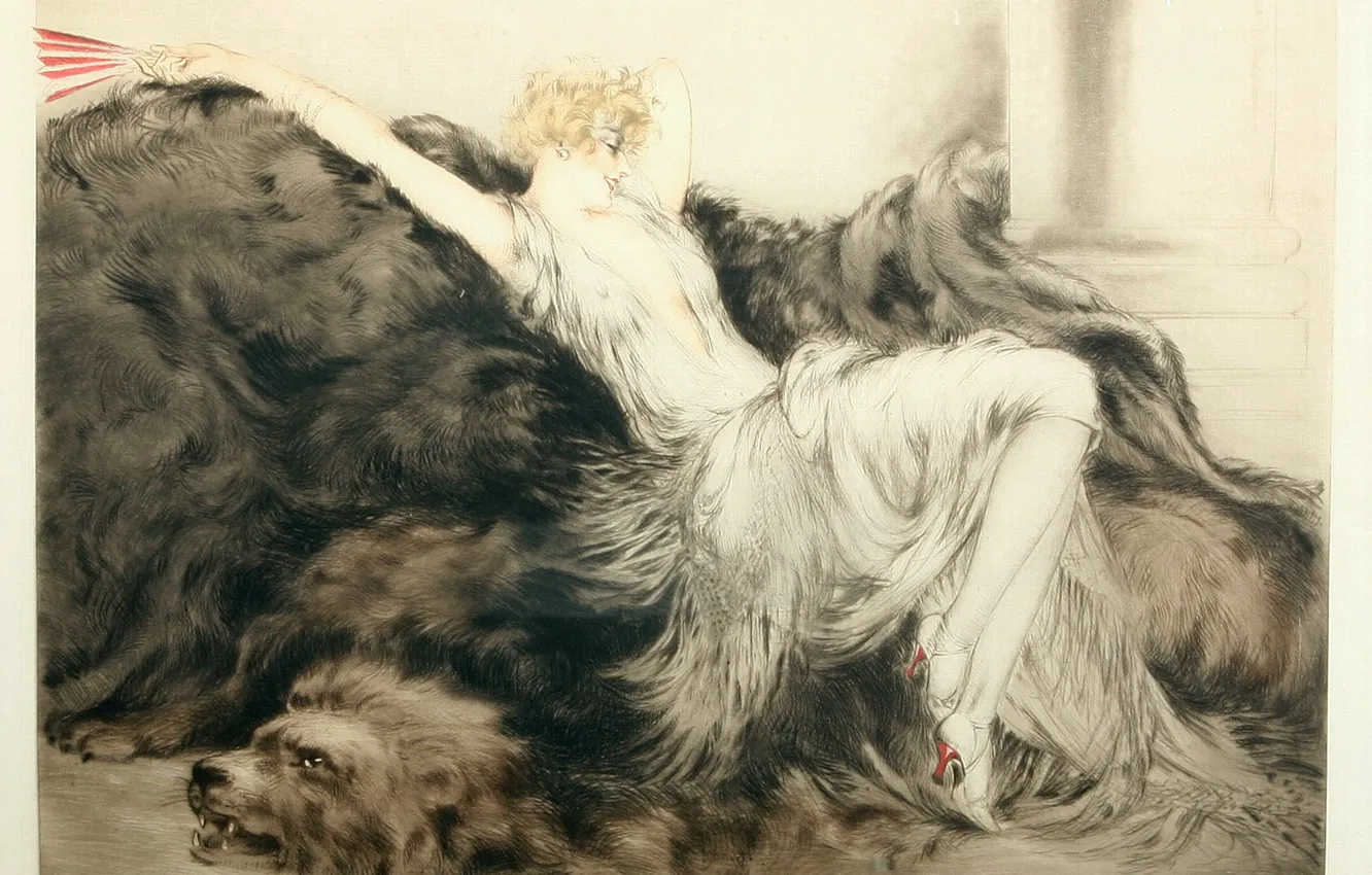 Фото обои веер, 1925, Лень, Louis Icart, арт-деко, офорт и акватинта, шкура льва, женщина блондинка