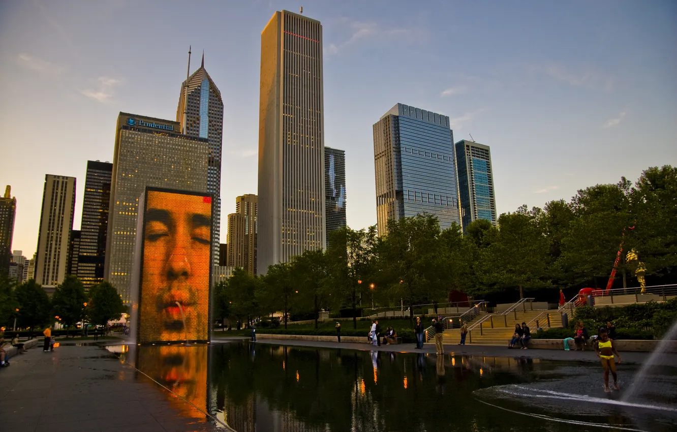 Фото обои небо, парк, здания, небоскребы, вечер, америка, чикаго, Chicago