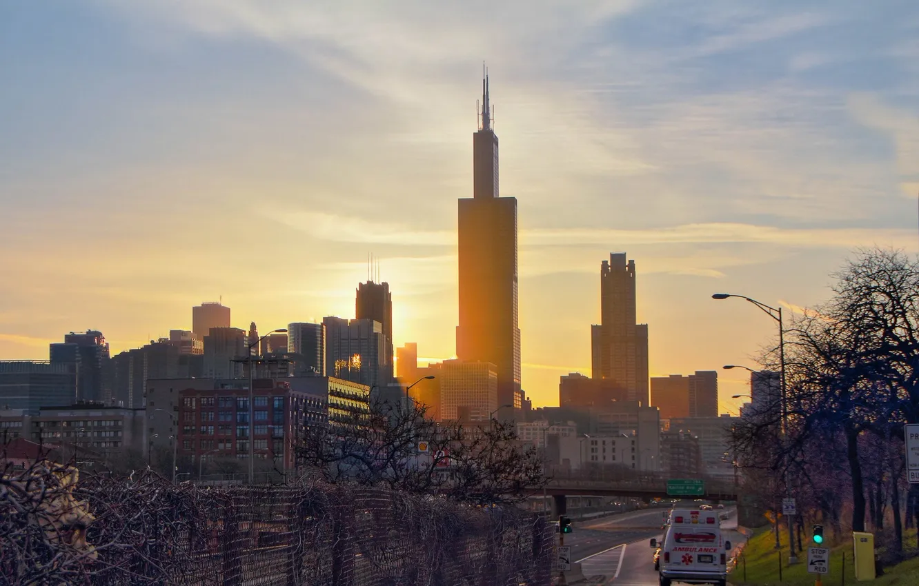 Фото обои солнце, закат, город, небоскребы, вечер, Чикаго, Иллиноис