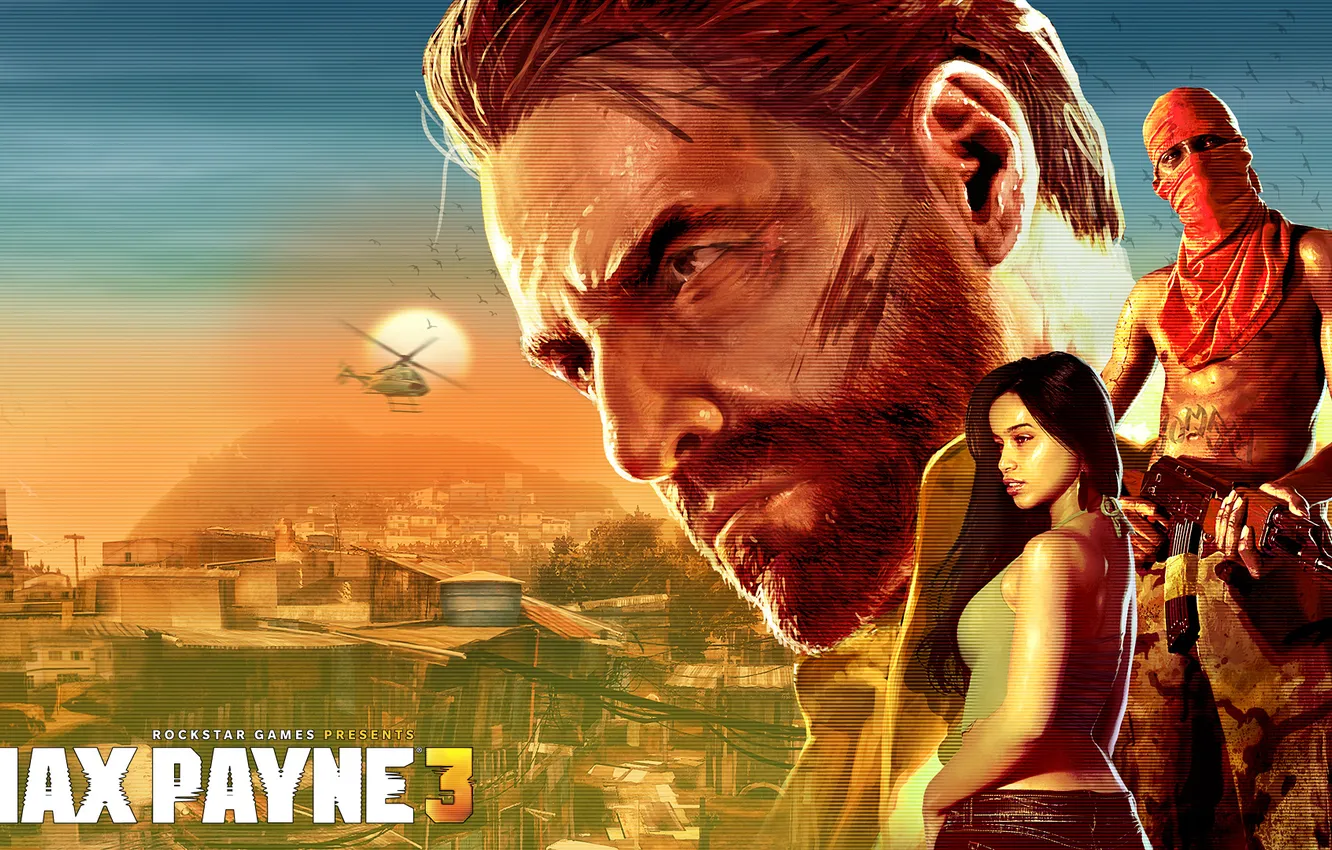 Фото обои девушка, оружие, автомат, вертолет, террорист, бандит, Max Payne 3, Rockstar Games