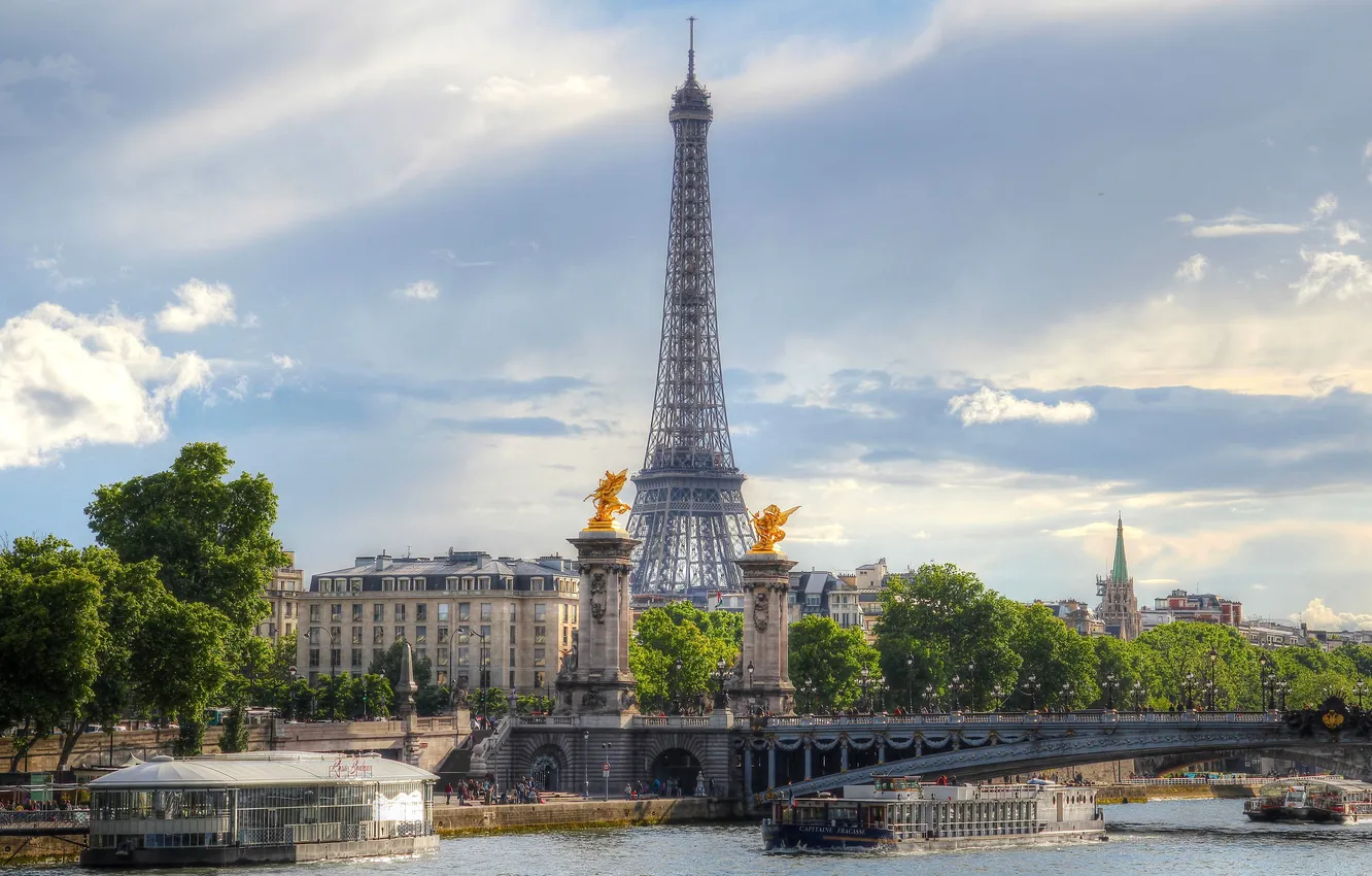 Фото обои мост, река, Франция, Париж, корабль, башня, Сена