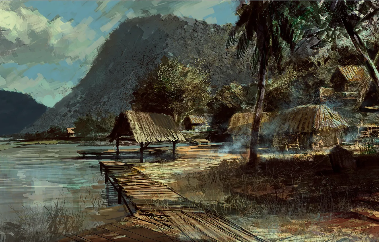 Фото обои пейзаж, горы, озеро, пальмы, берег, рисунок, арт, Battlefield