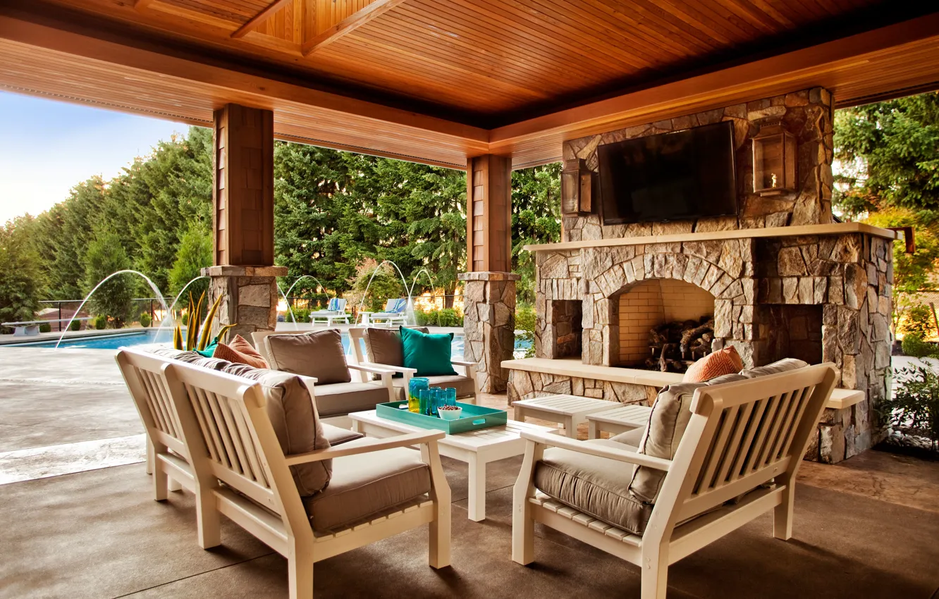 Фото обои дизайн, стиль, интерьер, кресло, печь, терраса