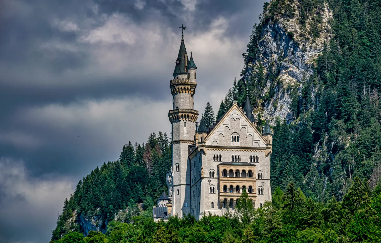 Фото обои лес, горы, замок, скалы, Германия, Бавария, Germany, Bavaria