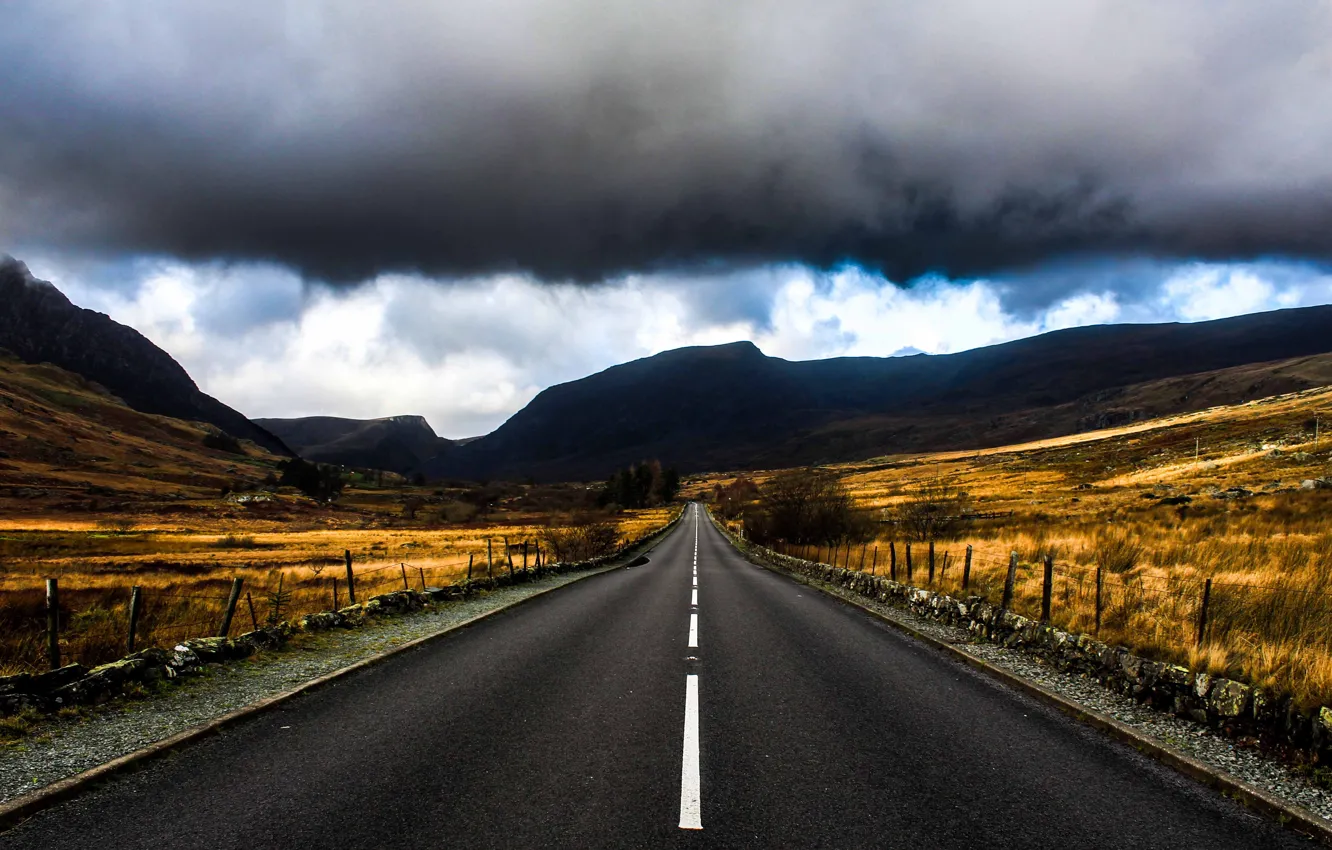 Фото обои storm, road, mountains, clouds, valley