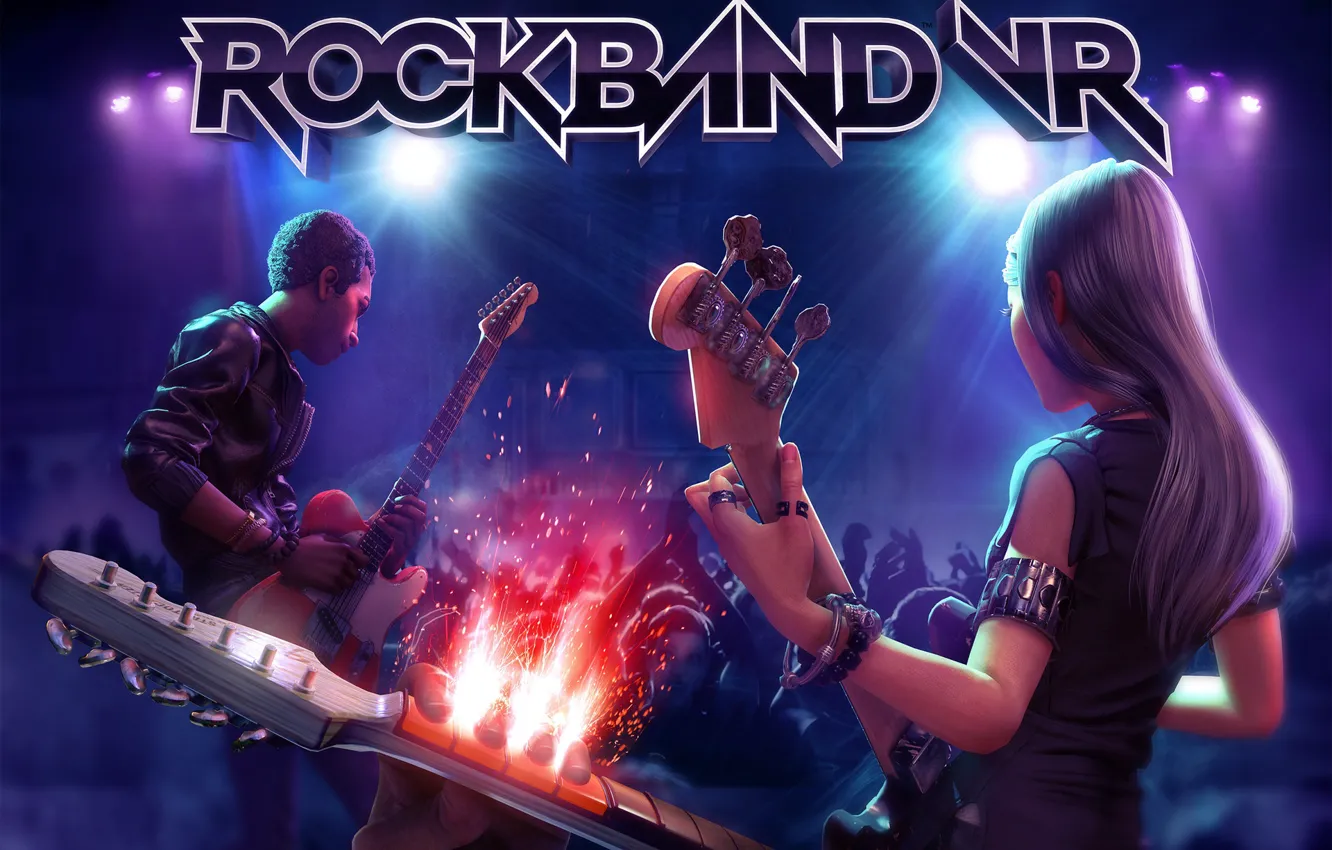 Фото обои музыканты, выступление, гитаристы, Rock Band VR Key Art