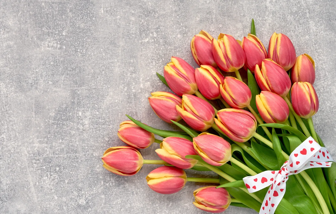Фото обои цветы, букет, лента, тюльпаны, красные, red, love, flowers