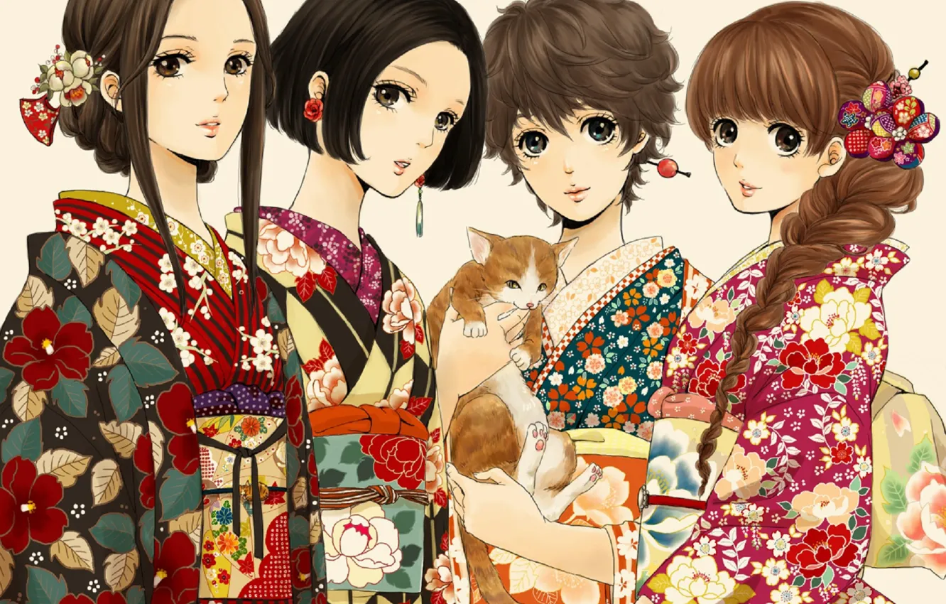 Фото обои цветы, девушки, кимоно, котёнок, Четыре