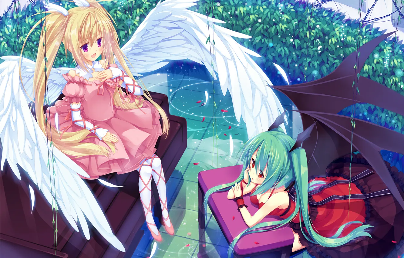 Фото обои вода, растение, крылья, ангел, перья, демон, две девушки