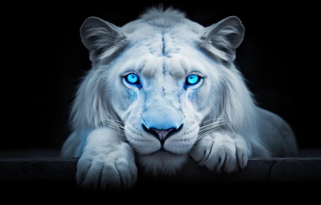 Фото обои белый, взгляд, морда, поза, портрет, лев, голубые глаза, дикая кошка